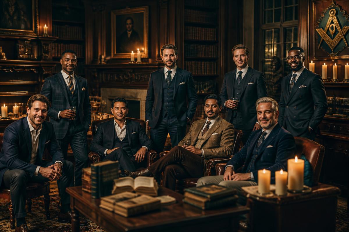 Members of the lodge gathered in a candlelit library