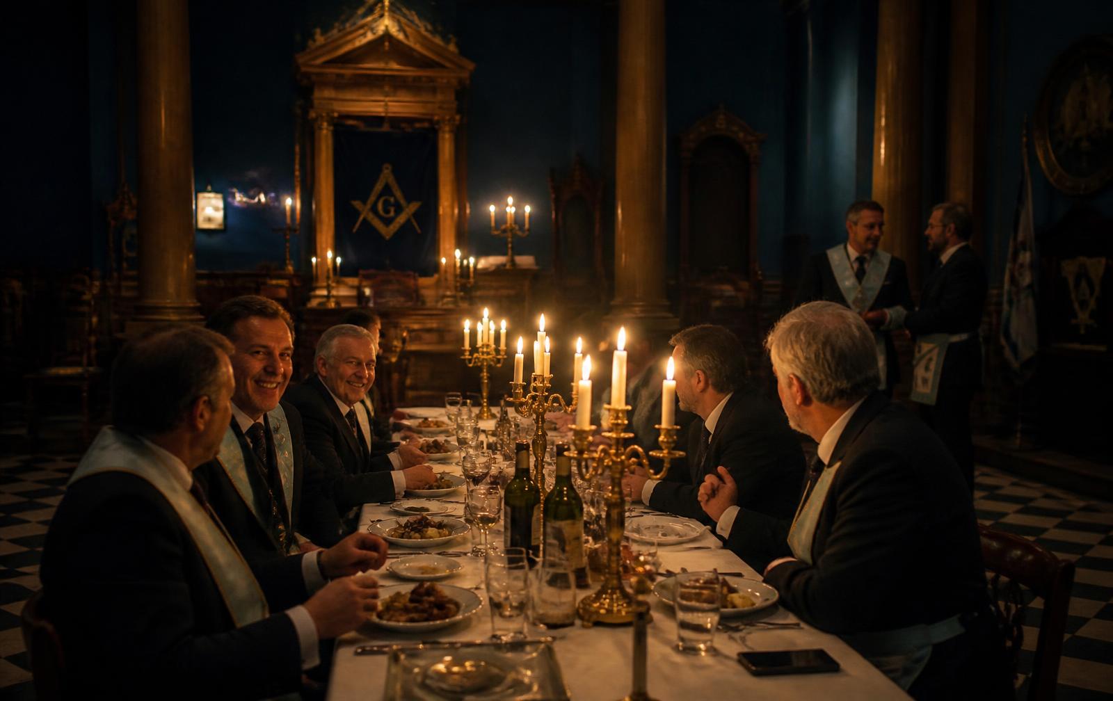 Members in suits and aprons sit at long tables during a formal dinner